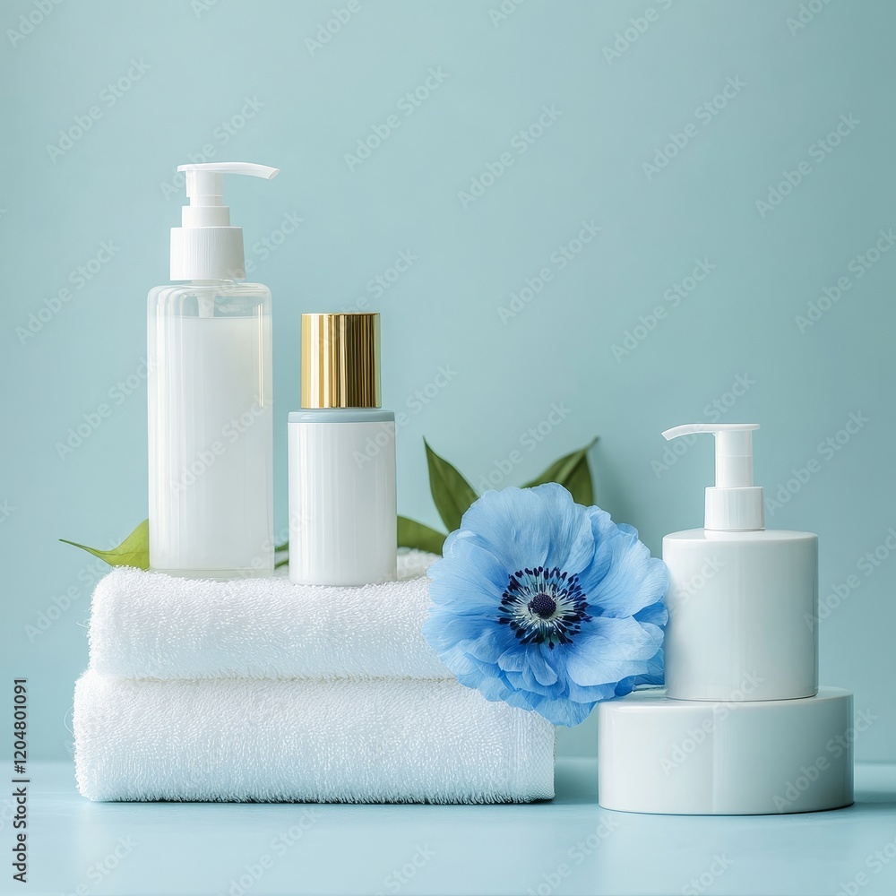 Cosmetics and towels with blue flower on blue background, spa concept Cosmetics and towels with blue flower on blue background, spa concept