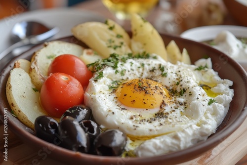 Traditional Arabic breakfast fava beans potato with egg yogurt cheese olives tomato cream and tea photo