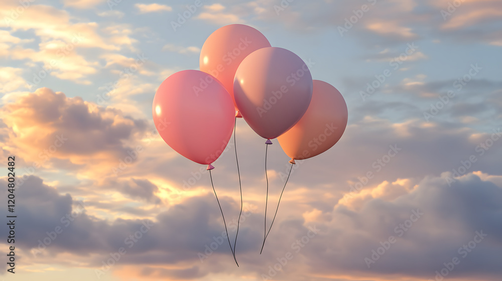 Fototapeta premium Four pastel pink balloons float against a breathtaking sunset sky. Fluffy clouds add to the serene, dreamy atmosphere. Perfect for celebrating life's special moments.