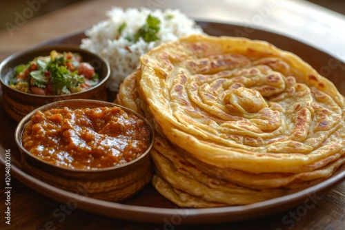 Malabari paratha, layered and crispy, presented alongside a bowl of savory curry and fresh herbs, made for a satisfying Iftar during Ramadan photo