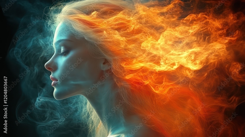 Woman's hair engulfed in fire and smoke. Woman's hair engulfed in fire and smoke.