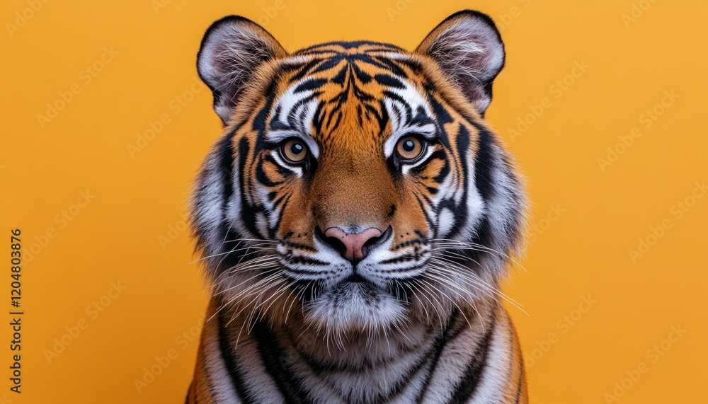 Fototapeta premium Close-up Portrait of a Fearsome Saber-Toothed Tiger Roaring on Yellow Background
