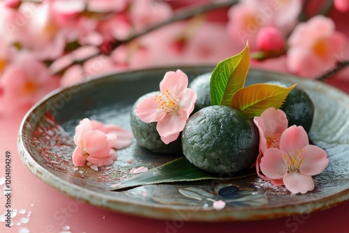 Wallpaper Mural Traditional Japanese sweets Sakura Mochi encased in salted cherry leaves adorned with lovely peach blossoms for Hinamatsuri the doll festival Torontodigital.ca