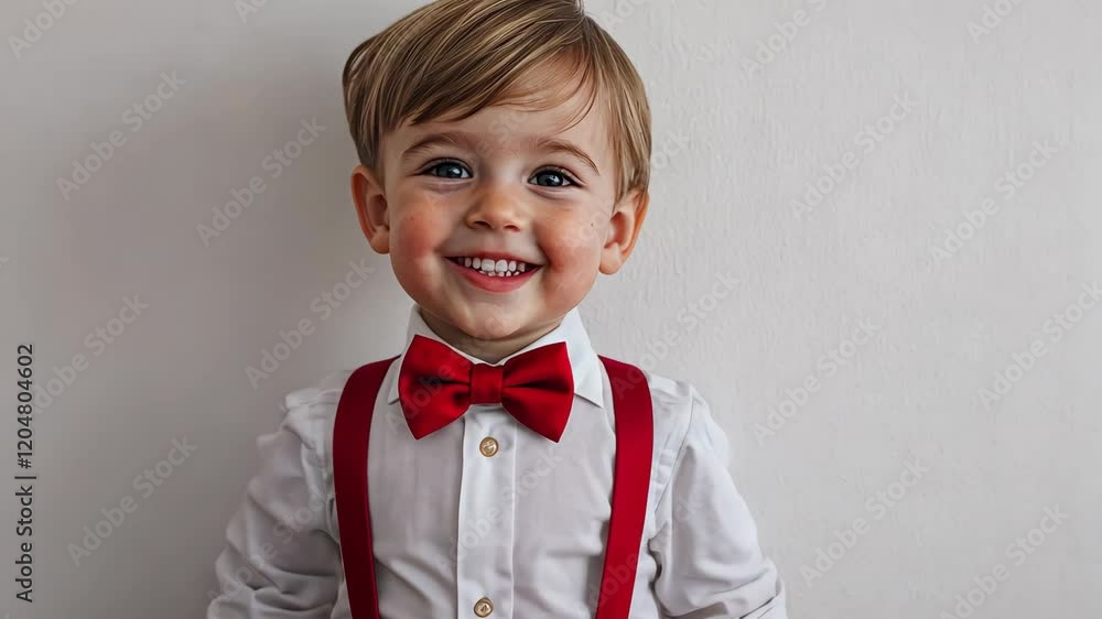 Smiling child dressed in a white shirt and red bow tie with red suspenders posing happily against a light background Smiling child dressed in a white shirt and red bow tie with red suspenders posing happily against a light background