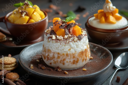 Variety of desserts Om Ali rice pudding with biscuits and milk and Tres leches cake with caramel chocolate mango and hazelnuts photo