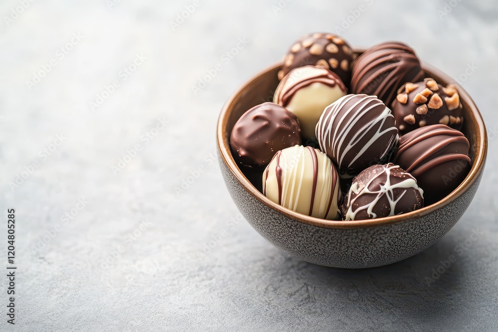 Variety of tasty chocolate truffles in a bowl on a light gray surface Room for text Variety of tasty chocolate truffles in a bowl on a light gray surface Room for text