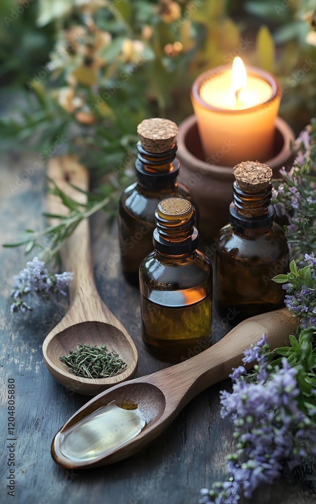 MCT Oil in an Ayurvedic Setting. A serene Ayurvedic setup with MCT oil bottles, wooden spoons, fresh herbs, and a lit candle, evoking a sense of wellness and natural healing MCT Oil in an Ayurvedic Setting. A serene Ayurvedic setup with MCT oil bottles, wooden spoons, fresh herbs, and a lit candle, evoking a sense of wellness and natural healing