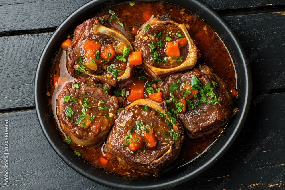 Veal shank Osso Buco dish on dark wood overhead view Veal shank Osso Buco dish on dark wood overhead view