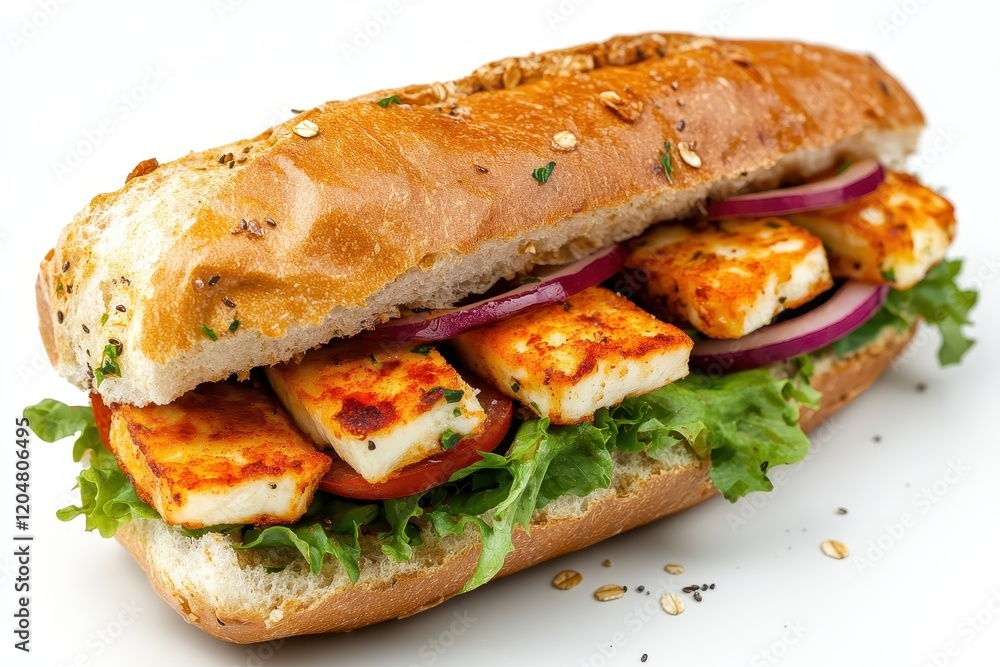 Vegan veggie filled oat roll sandwich with halloumi