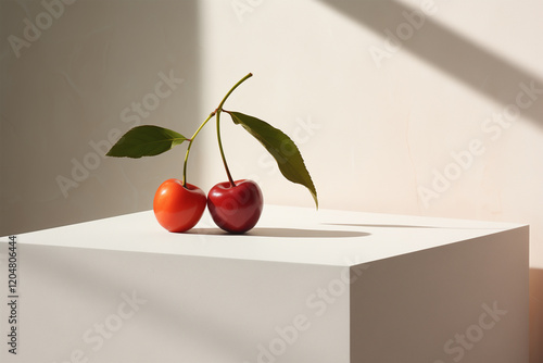 Minimalist Twin Cherries on White Podium, Neutral Background, Natural Light and Shadow. Food Photography.