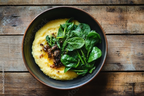 Vegetarian meal of polenta and sautéed spinach photo