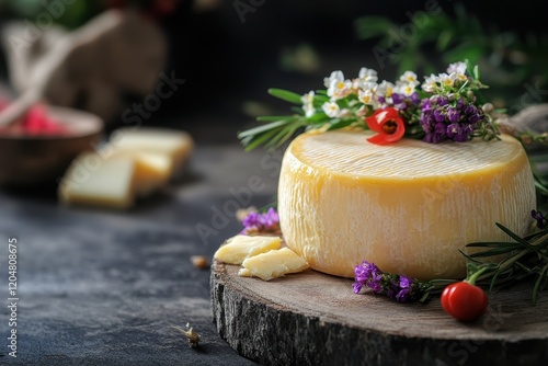 wooden board with floral mountain cheese photo