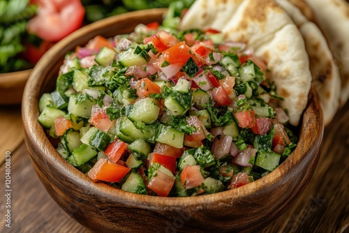 Wooden bowl of fattoush salad with pita and veggies close up photo