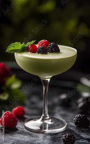 A healthy matcha drink infused with ingredients for heart health, garnished with berries, and presented in a clean, minimalist style photo