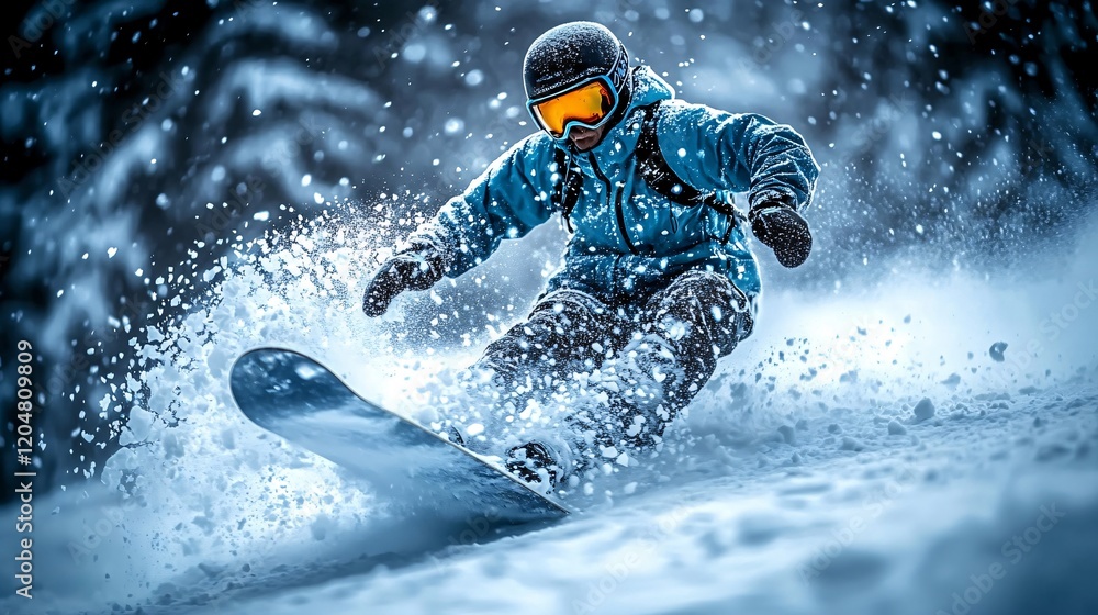 Naklejka premium Snowboarder Carving Through Fresh Powder Snow