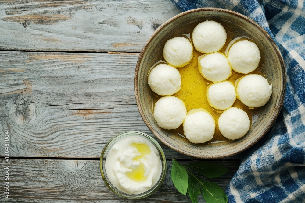 Yogurt spheres in olive oil served in a bowl on wood Yogurt spheres in olive oil served in a bowl on wood