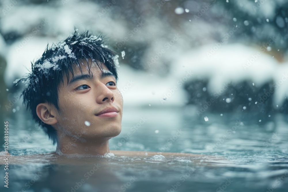 Young Asian man relishing winter outdoor bathing Young Asian man relishing winter outdoor bathing