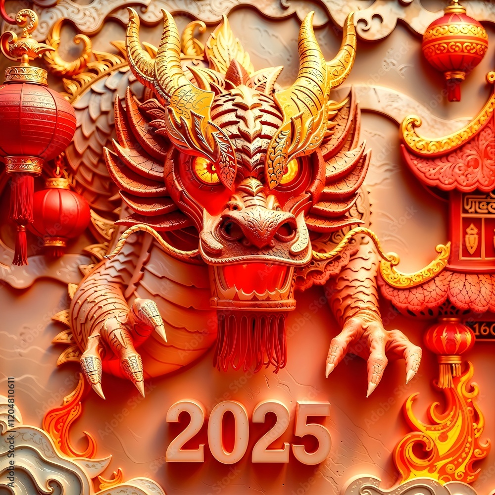 Fototapeta premium chinese dragon on red wall