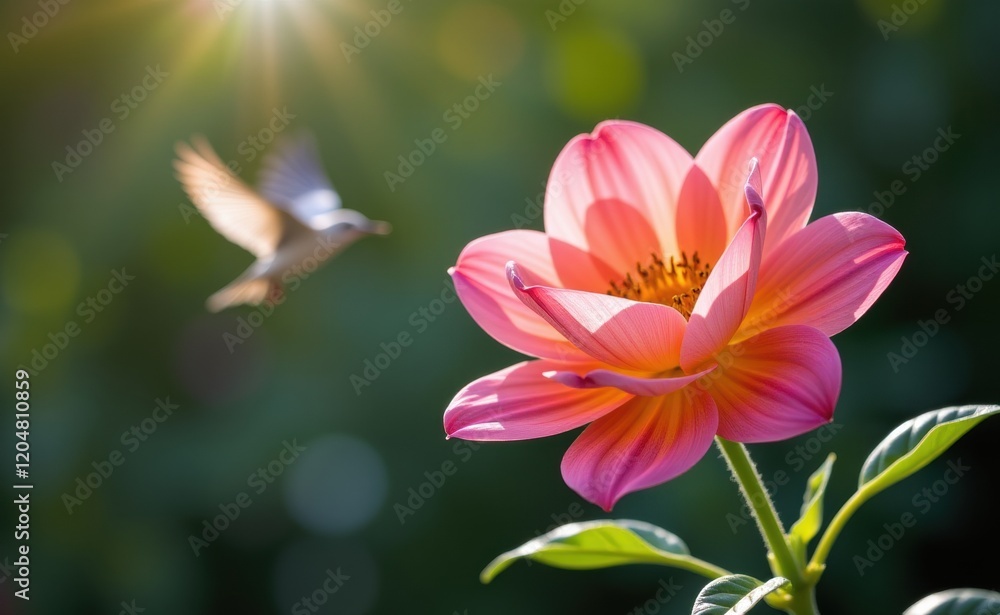 Fototapeta premium A vibrant image of pink flowers blooming in a field, with a bird soaring through a clear blue sky, symbolizing freedom, growth, and hope.