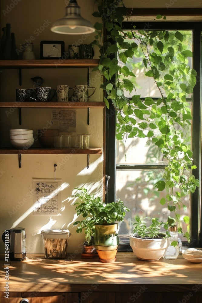 Sunlit Kitchen with Plants and Rustic Shelves Sunlit Kitchen with Plants and Rustic Shelves