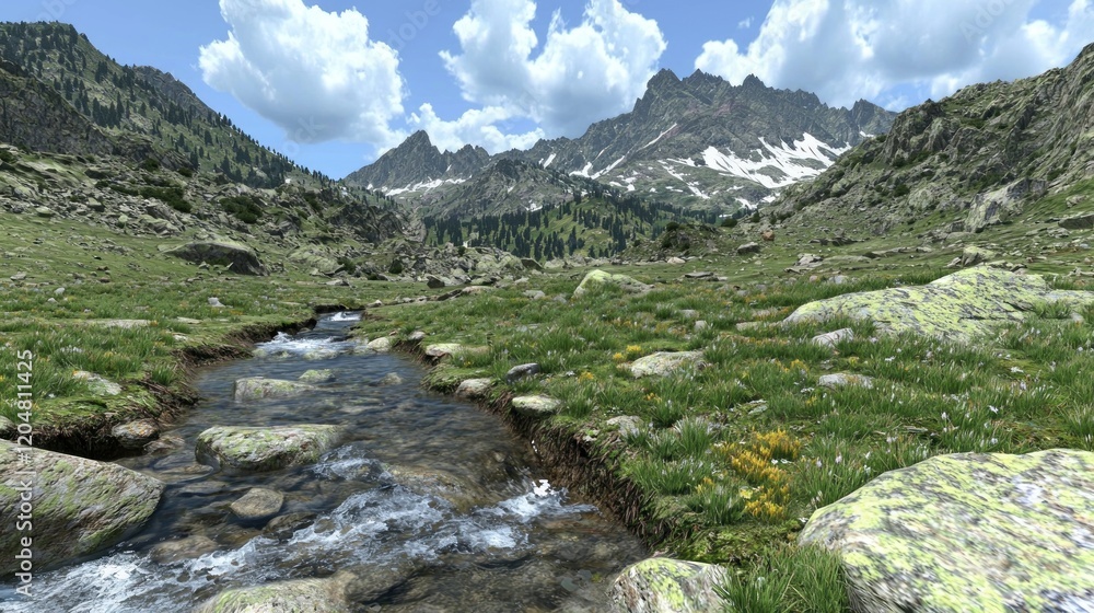 Obraz premium Mountain stream flows through alpine meadow, sunny day