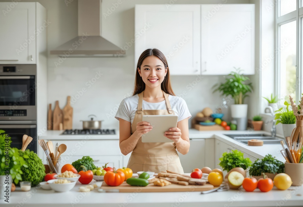 Smiling young woman in kitchen with tablet and looking recipes Smiling young woman in kitchen with tablet and looking recipes