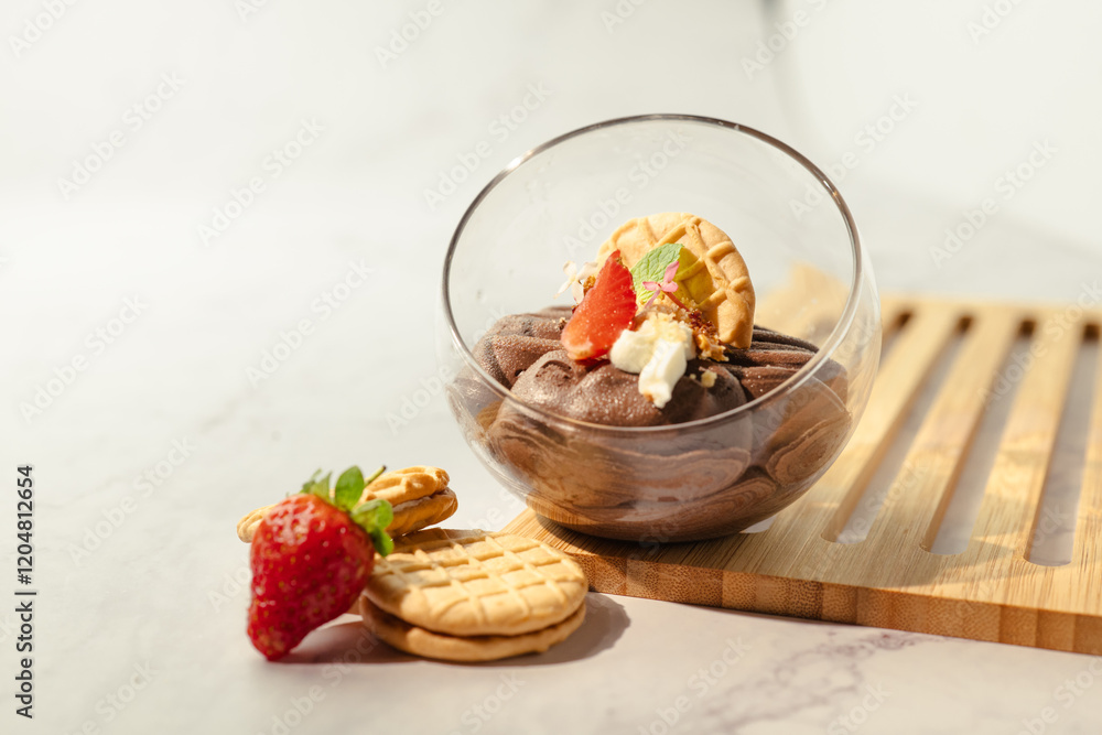 A dessert with strawberries and whipped cream in a glass bowl A dessert with strawberries and whipped cream in a glass bowl