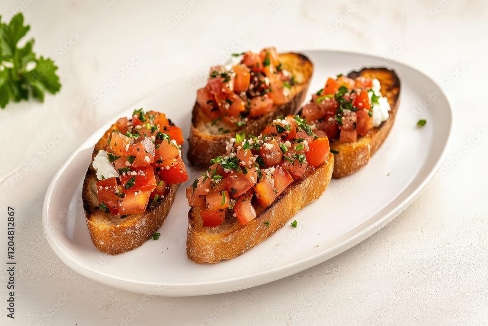 Tomato labneh crostini on a pale backdrop Tomato labneh crostini on a pale backdrop