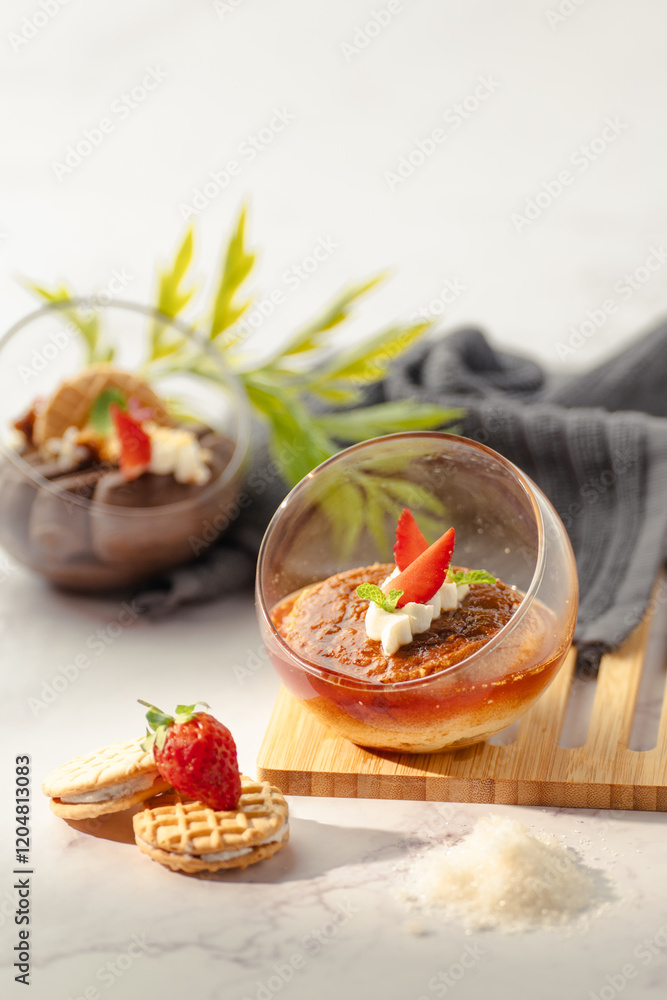 A dessert with strawberries and whipped cream in a glass bowl A dessert with strawberries and whipped cream in a glass bowl