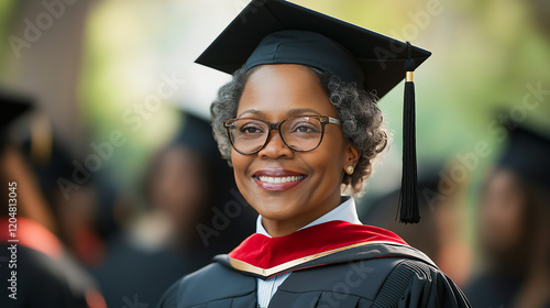 Mature African-American female professor attending college graduation, faculty formal attire concept