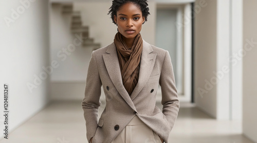 A high-end fashion model wearing a tailored mocha mousse-colored cashmere coat