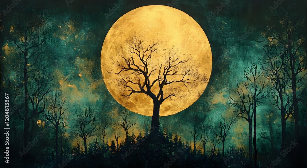 Golden Moon Illuminates A Bare Tree In A Dark Forest