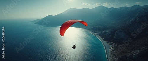 Paraglider soaring over scenic coastal mountains and turquoise sea.
