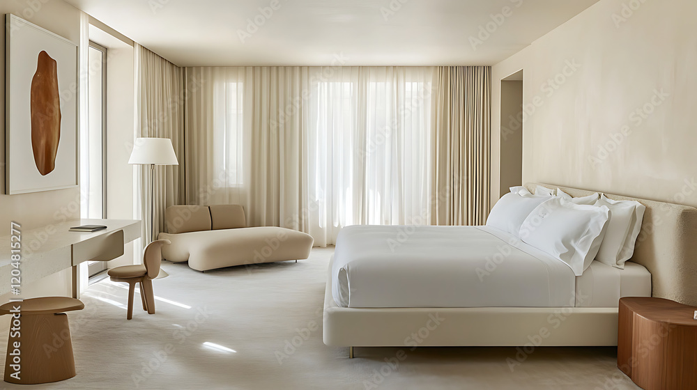 Fototapeta premium A large white bed with white pillows