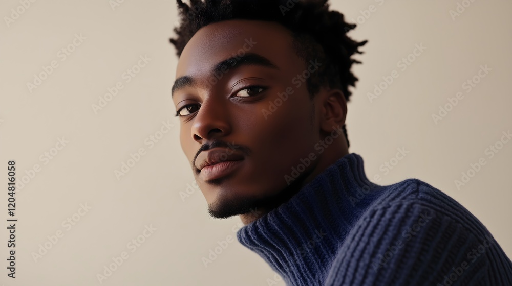 Fototapeta premium Portrait of a young man with dark skin and textured hair, wearing a turtleneck sweater.