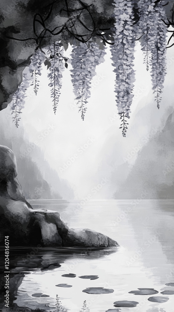 Obraz premium painted with a black and white background, in front of a branch of intense purple and red wisteria, resting on the bank of a river, reflected on the water