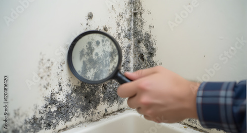 Inspecting Mold Growth on Wall with Magnifying Glass photo