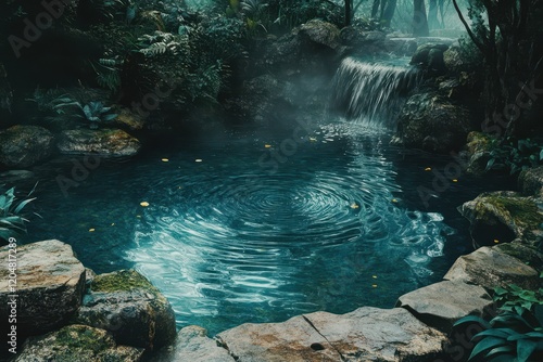 Turquoise spring in a dense forest with a waterfall and ripples photo