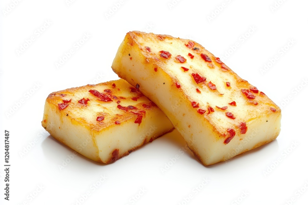 Two fried halloumi cheese slices with red chili on white background Two fried halloumi cheese slices with red chili on white background