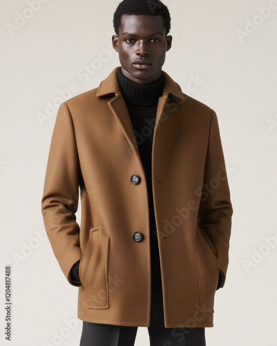 A sleek male model wearing a perfectly tailored mocha mousse-colored cashmere coat