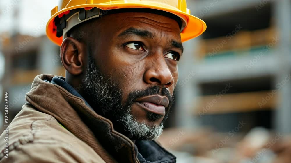 Determined construction worker in hard hat observes building site progress Determined construction worker in hard hat observes building site progress