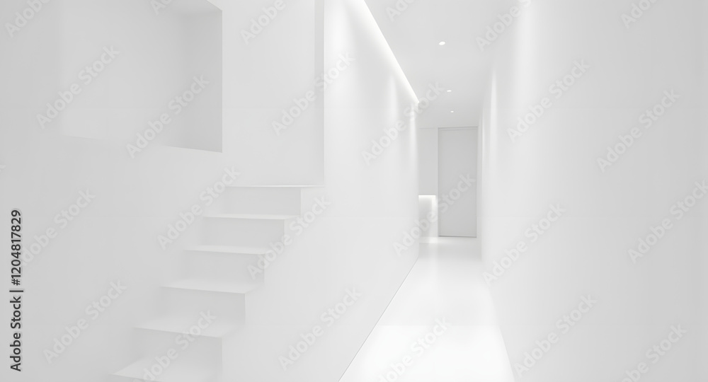 Fototapeta premium Minimalist White Interior Corridor with Staircase