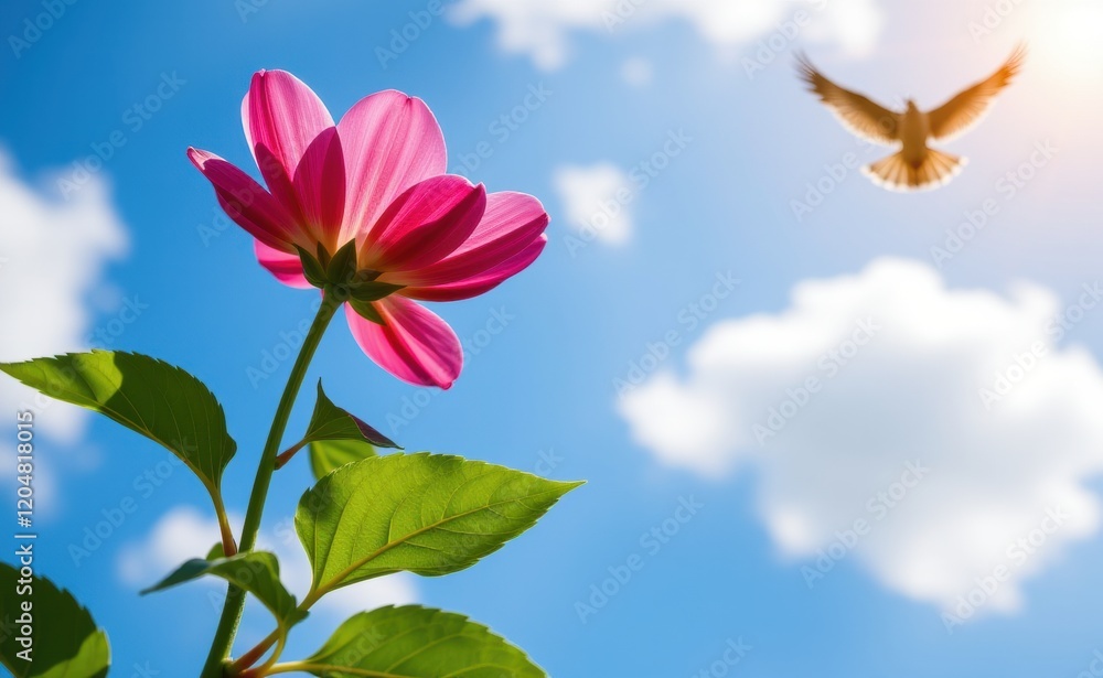 Naklejka premium A vibrant image of pink flowers blooming in a field, with a bird soaring through a clear blue sky, symbolizing freedom, growth, and hope.