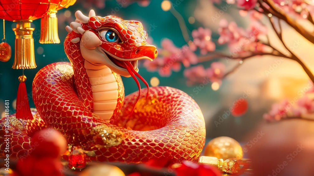 A vibrant, artistic depiction of a red dragon snake amidst festive decorations and cherry blossoms, embodying cultural symbolism and celebration. A vibrant, artistic depiction of a red dragon snake amidst festive decorations and cherry blossoms, embodying cultural symbolism and celebration.