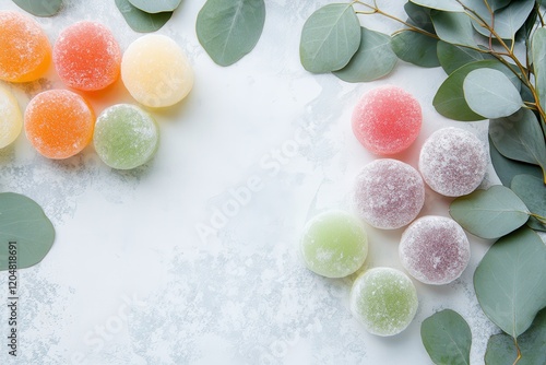 Vibrant Japanese mochi dessert with eucalyptus on a surface Classic wholesome treat Plant based sweets Blank space photo