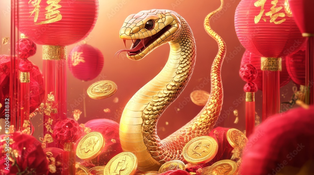 Obraz premium A majestic golden snake surrounded by red lanterns, coins, and festive decorations, symbolizing prosperity and celebration.