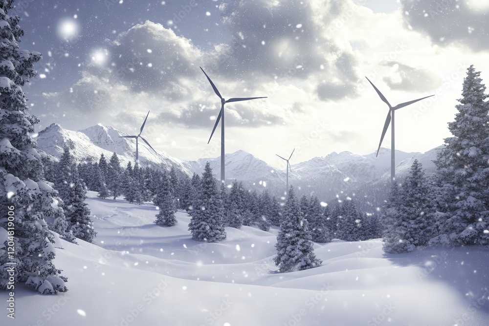 Obraz premium Wind Turbines Amidst Snowy Landscape and Dramatic Skies