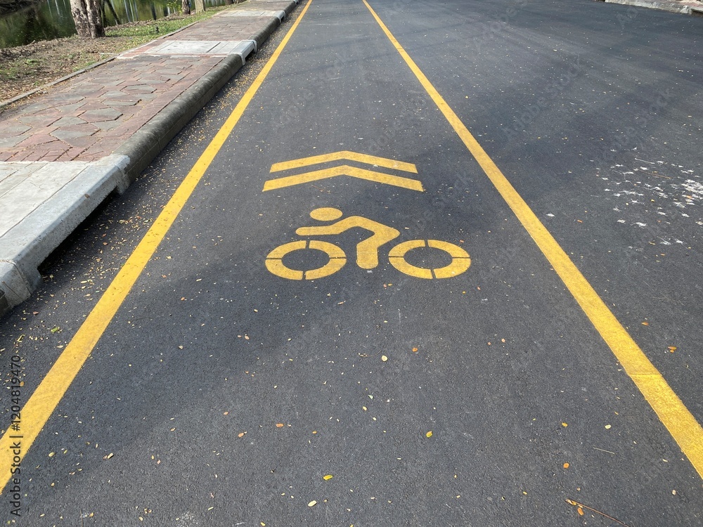 Fototapeta premium Bicycle lane with yellow markings on asphalt in Lumphini Park, Bangkok, promoting cycling and eco-friendly transportation.