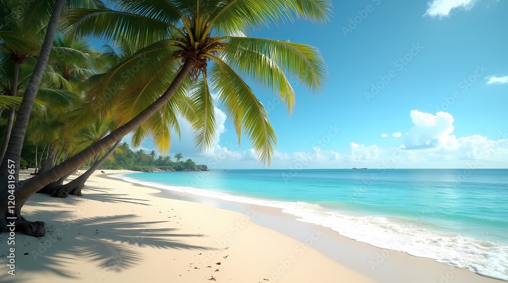 Obraz premium Tropical sandy ocean beach with palm trees, vintage