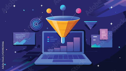 Digital Sales Funnel on Laptop Big Data Concept with Technological Blue Background